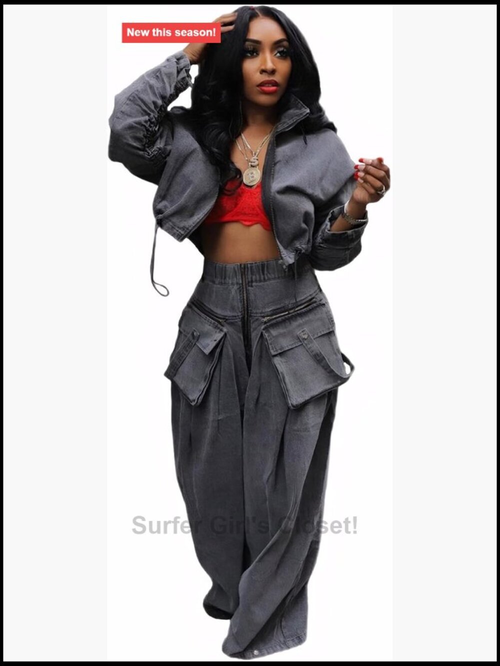 Denim Two Piece Set - Cropped Zip Jacket & Wide Leg Pants